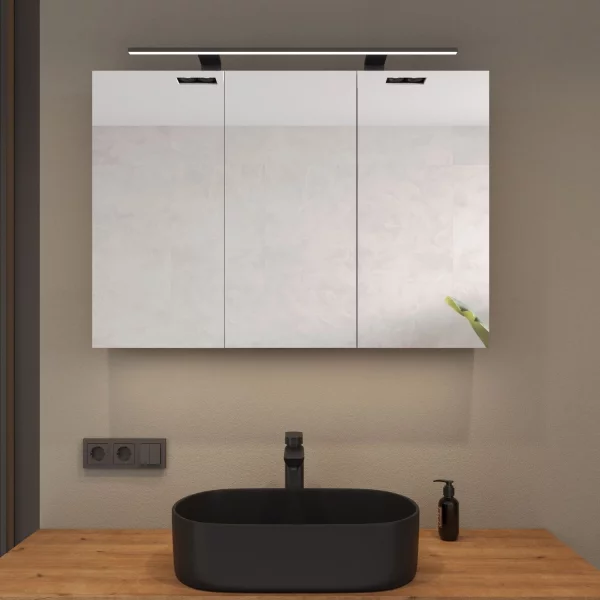 Spiegelschrank ARIA 100 cm weiß grau mit Leuchte schwarz und Steckdosenbox 230V