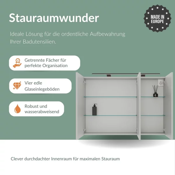 Spiegelschrank ARIA 100 cm weiß grau mit Leuchte schwarz und Steckdosenbox 230V