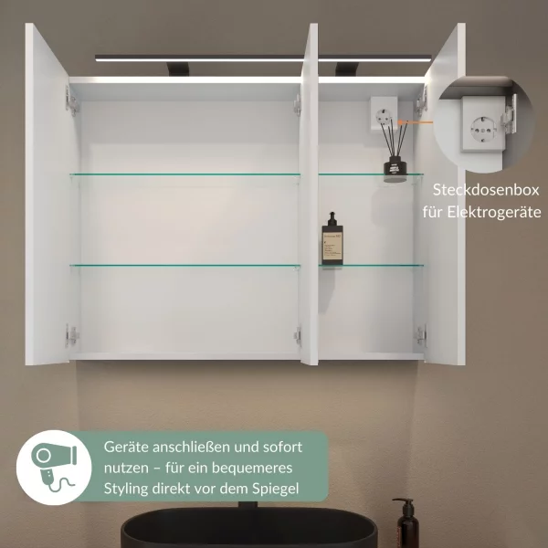 Spiegelschrank ARIA 100 cm weiß grau mit Leuchte schwarz und Steckdosenbox 230V