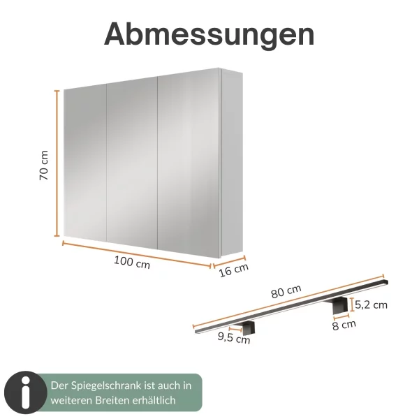 Spiegelschrank ARIA 100 cm weiß grau mit Leuchte schwarz und Steckdosenbox 230V