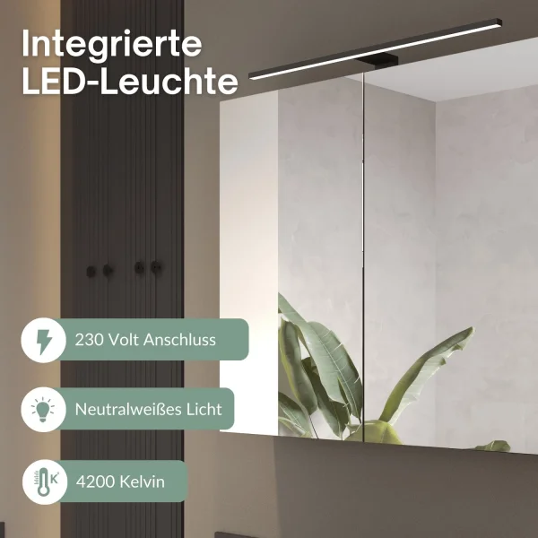 Armadietto a specchio ARIA 120 cm antracite con lampada nera e presa di corrente 230 V