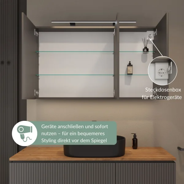 Armadietto a specchio ARIA 120 cm antracite con lampada nera e presa di corrente 230 V