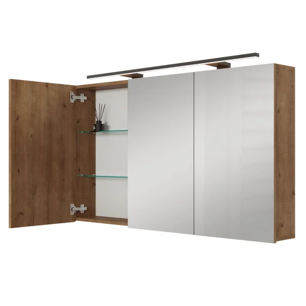 Spiegelschrank ARIA 120 cm gold eiche mit Leuchte schwarz und Steckdosenbox 230V