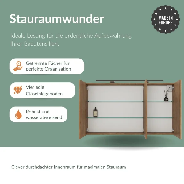 Spiegelschrank ARIA 120 cm gold eiche mit Leuchte schwarz und Steckdosenbox 230V