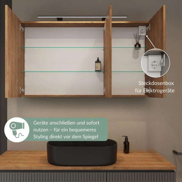 Spiegelschrank ARIA 120 cm gold eiche mit Leuchte schwarz und Steckdosenbox 230V