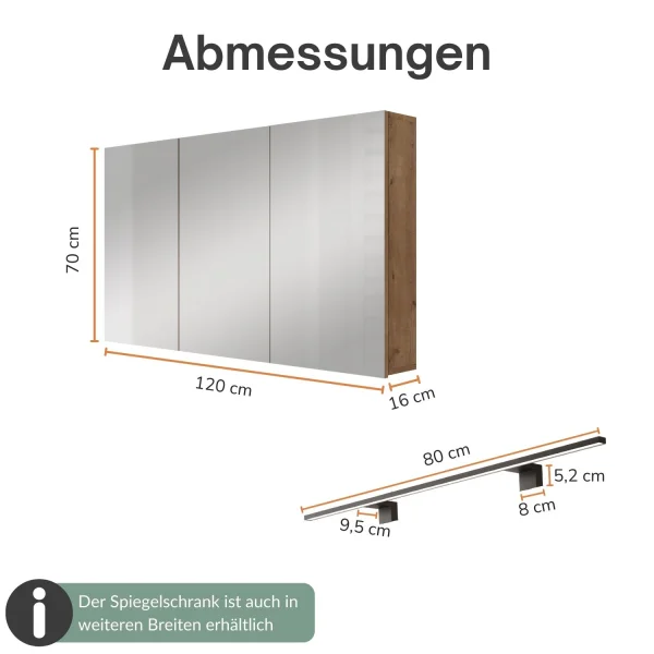 Spiegelschrank ARIA 120 cm gold eiche mit Leuchte schwarz und Steckdosenbox 230V
