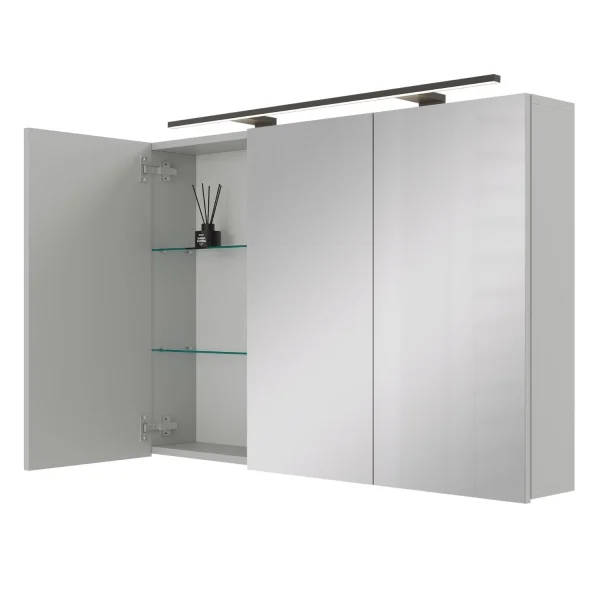 Spiegelschrank ARIA 120 cm weiß grau mit Leuchte schwarz und Steckdosenbox 230V