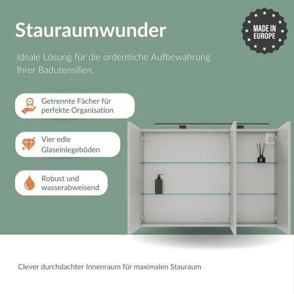 Spiegelschrank ARIA 120 cm weiß grau mit Leuchte schwarz und Steckdosenbox 230V