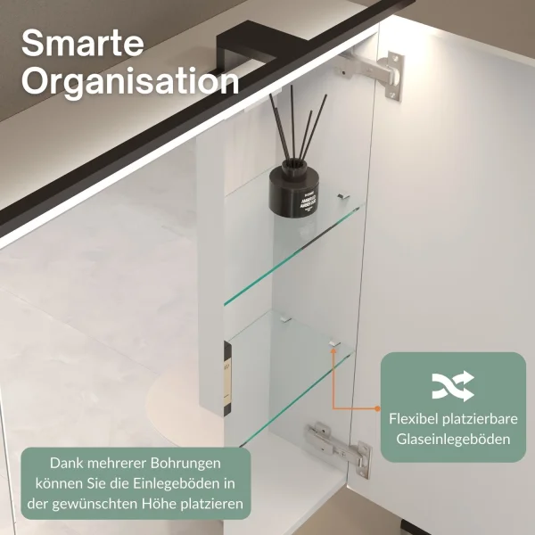 Spiegelschrank ARIA 120 cm weiß grau mit Leuchte schwarz und Steckdosenbox 230V