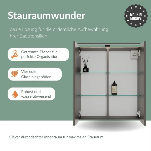 Spiegelschrank ARIA 60 cm anthrazit mit Leuchte schwarz und Steckdosenbox 230V