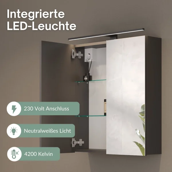 Spiegelschrank ARIA 60 cm anthrazit mit Leuchte schwarz und Steckdosenbox 230V