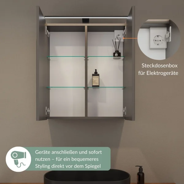 Spiegelschrank ARIA 60 cm anthrazit mit Leuchte schwarz und Steckdosenbox 230V
