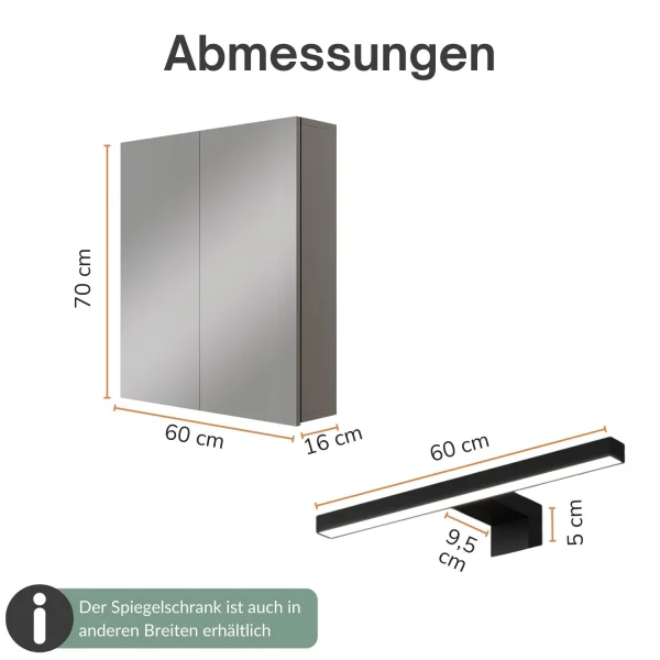 Spiegelschrank ARIA 60 cm anthrazit mit Leuchte schwarz und Steckdosenbox 230V