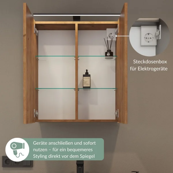 Spiegelschrank ARIA 60 cm gold eiche mit Leuchte schwarz und Steckdosenbox 230V