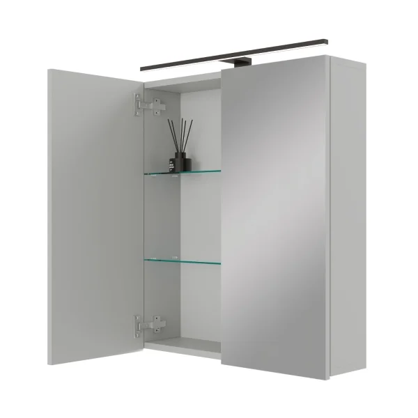 Spiegelschrank ARIA 60 cm weiß grau mit Leuchte schwarz und Steckdosenbox 230V