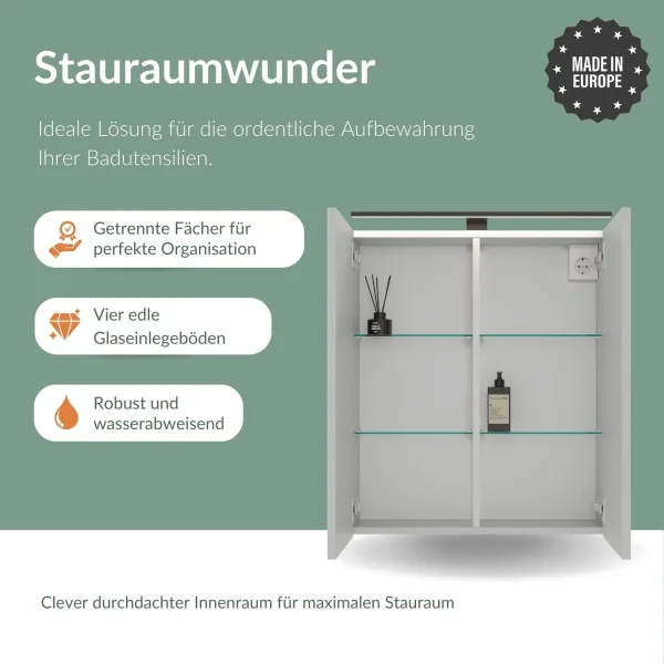 Spiegelschrank ARIA 60 cm weiß grau mit Leuchte schwarz und Steckdosenbox 230V