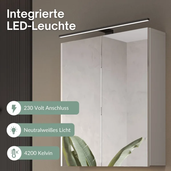 Spiegelschrank ARIA 60 cm weiß grau mit Leuchte schwarz und Steckdosenbox 230V