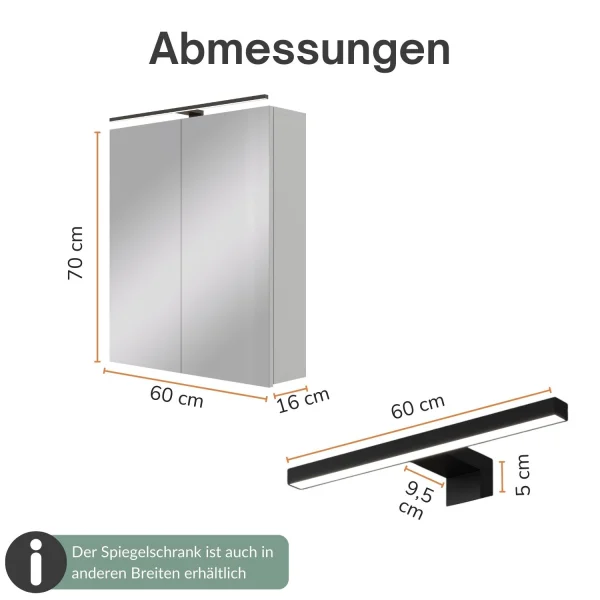 Spiegelschrank ARIA 60 cm weiß grau mit Leuchte schwarz und Steckdosenbox 230V