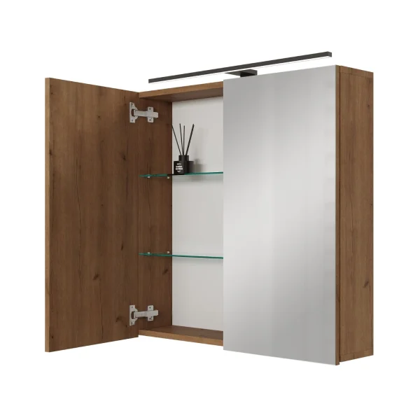 Spiegelschrank ARIA 70 cm gold eiche mit Leuchte schwarz und Steckdosenbox 230V