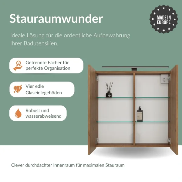 Spiegelschrank ARIA 70 cm gold eiche mit Leuchte schwarz und Steckdosenbox 230V