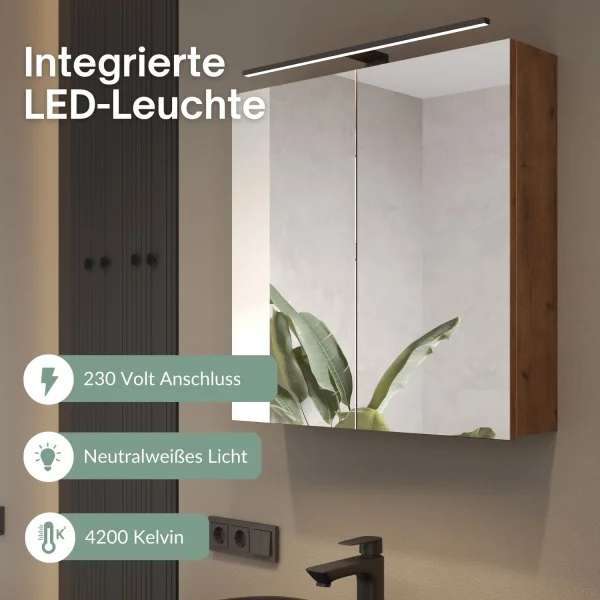 Spiegelschrank ARIA 70 cm gold eiche mit Leuchte schwarz und Steckdosenbox 230V