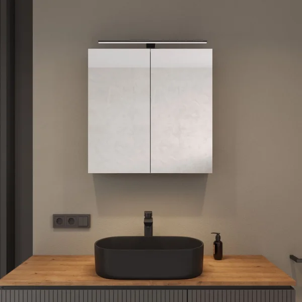 Spiegelschrank ARIA 70 cm weiß grau mit Leuchte schwarz und Steckdosenbox 230V
