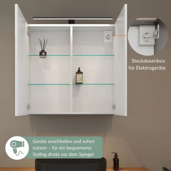 Spiegelschrank ARIA 70 cm weiß grau mit Leuchte schwarz und Steckdosenbox 230V