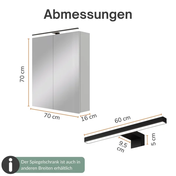 Spiegelschrank ARIA 70 cm weiß grau mit Leuchte schwarz und Steckdosenbox 230V