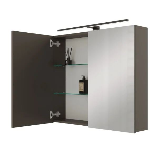 Spiegelschrank ARIA 80 cm anthrazit mit Leuchte schwarz und Steckdosenbox 230V