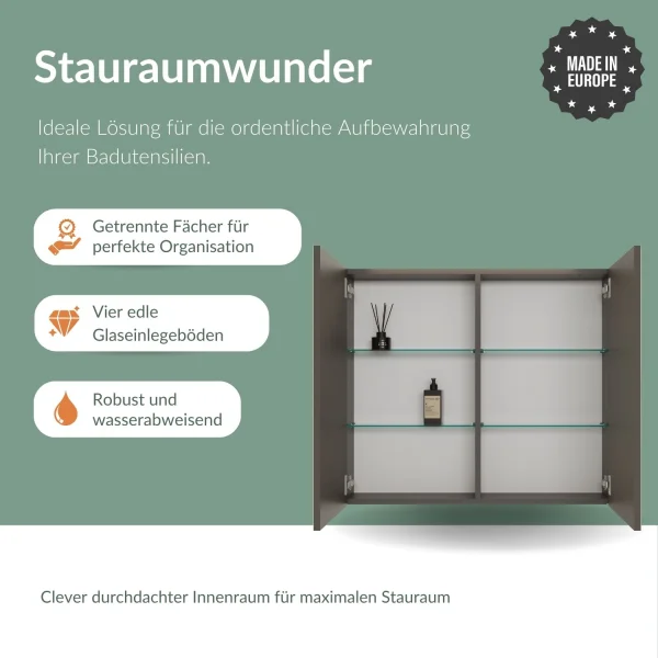 Spiegelschrank ARIA 80 cm anthrazit mit Leuchte schwarz und Steckdosenbox 230V