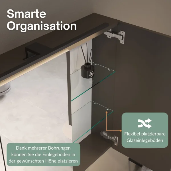Spiegelschrank ARIA 80 cm anthrazit mit Leuchte schwarz und Steckdosenbox 230V