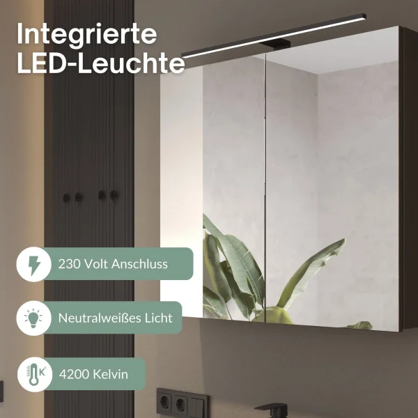 Spiegelschrank ARIA 80 cm anthrazit mit Leuchte schwarz und Steckdosenbox 230V