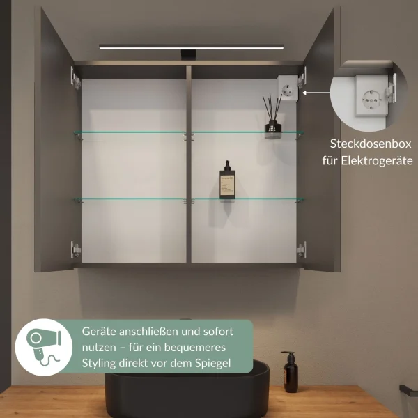 Spiegelschrank ARIA 80 cm anthrazit mit Leuchte schwarz und Steckdosenbox 230V