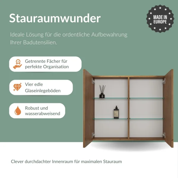 Spiegelschrank ARIA 80 cm gold eiche mit Leuchte schwarz und Steckdosenbox 230V