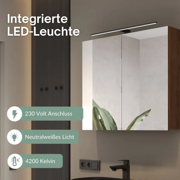 Spiegelschrank ARIA 80 cm gold eiche mit Leuchte schwarz und Steckdosenbox 230V