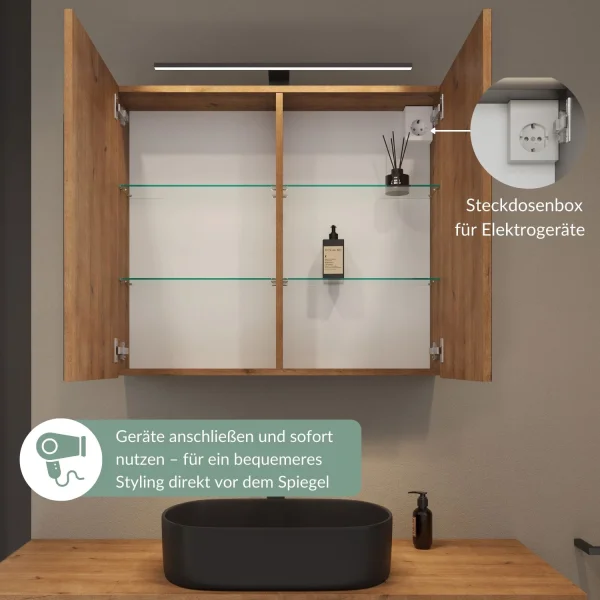 Spiegelschrank ARIA 80 cm gold eiche mit Leuchte schwarz und Steckdosenbox 230V