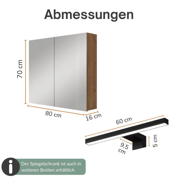 Spiegelschrank ARIA 80 cm gold eiche mit Leuchte schwarz und Steckdosenbox 230V
