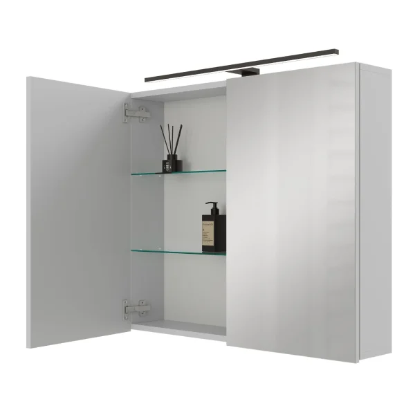 Spiegelschrank ARIA 80 cm weiß grau mit Leuchte schwarz und Steckdosenbox 230V