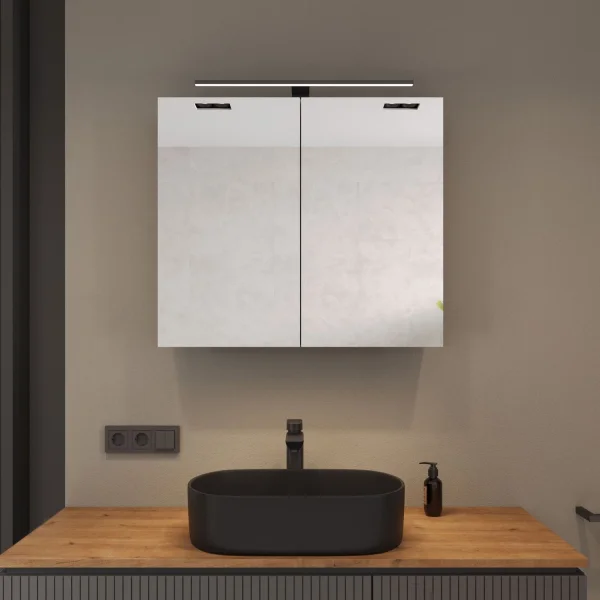 Spiegelschrank ARIA 80 cm weiß grau mit Leuchte schwarz und Steckdosenbox 230V