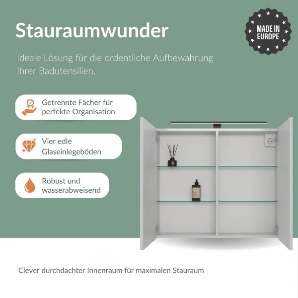 Spiegelschrank ARIA 80 cm weiß grau mit Leuchte schwarz und Steckdosenbox 230V