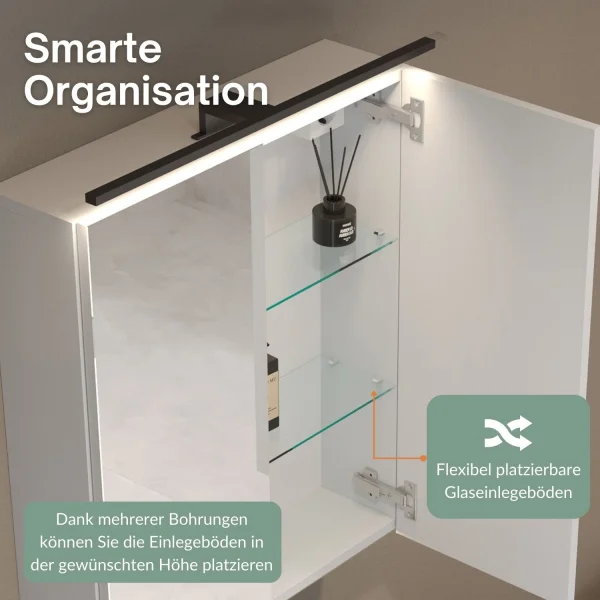 Spiegelschrank ARIA 80 cm weiß grau mit Leuchte schwarz und Steckdosenbox 230V