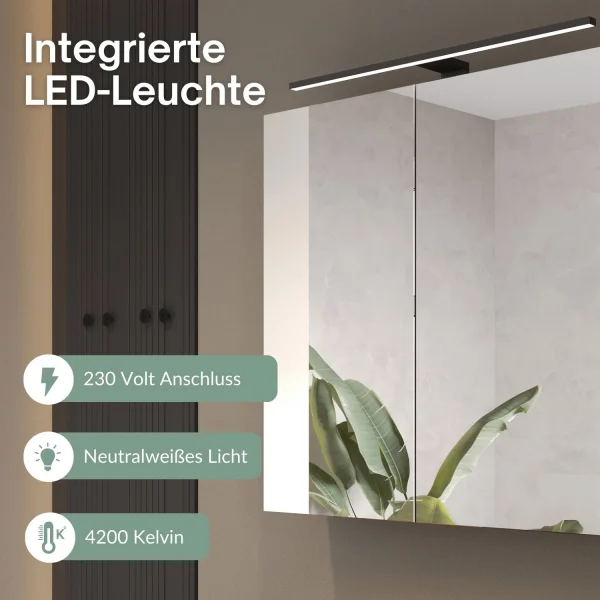 Spiegelschrank ARIA 80 cm weiß grau mit Leuchte schwarz und Steckdosenbox 230V