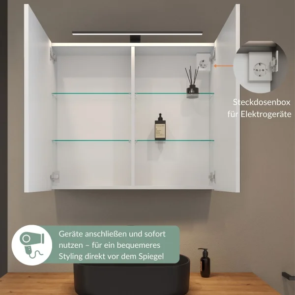 Spiegelschrank ARIA 80 cm weiß grau mit Leuchte schwarz und Steckdosenbox 230V
