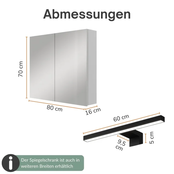 Spiegelschrank ARIA 80 cm weiß grau mit Leuchte schwarz und Steckdosenbox 230V