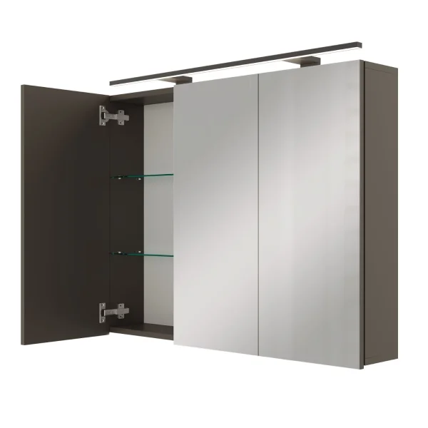 Spiegelschrank ARIA 90 cm anthrazit mit Leuchte schwarz und Steckdosenbox 230V