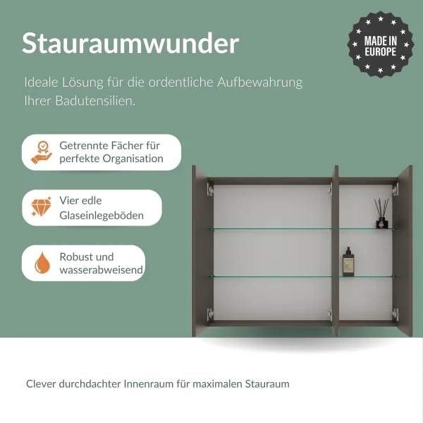 Spiegelschrank ARIA 90 cm anthrazit mit Leuchte schwarz und Steckdosenbox 230V