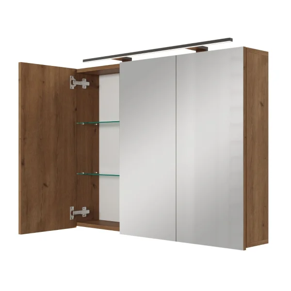 Armario con espejo ARIA de 90 cm en roble dorado con luz negra y caja de enchufes de 230 V