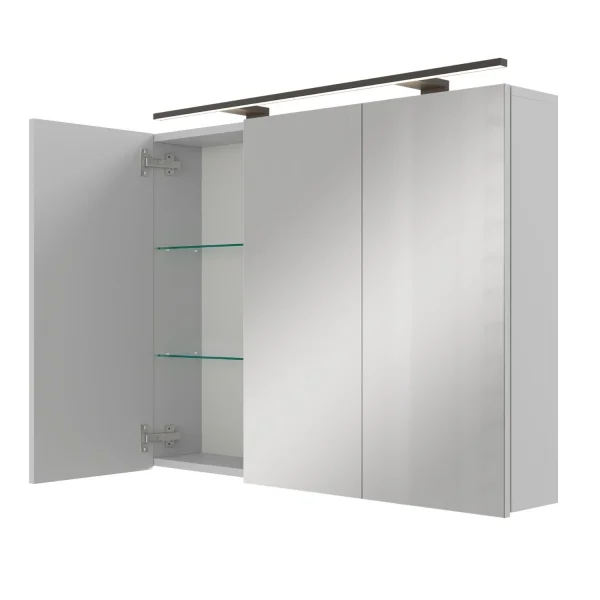 Spiegelschrank ARIA 90 cm weiß grau mit Leuchte schwarz und Steckdosenbox 230V
