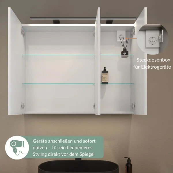 Spiegelschrank ARIA 90 cm weiß grau mit Leuchte schwarz und Steckdosenbox 230V