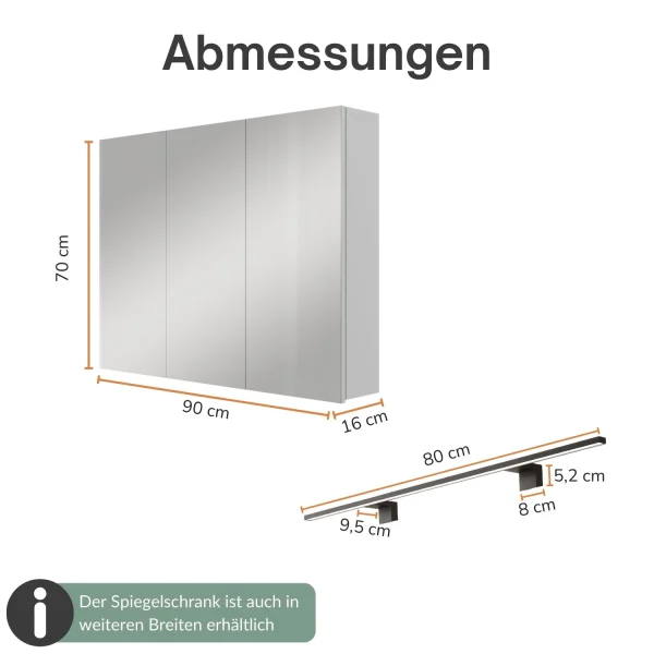 Spiegelschrank ARIA 90 cm weiß grau mit Leuchte schwarz und Steckdosenbox 230V